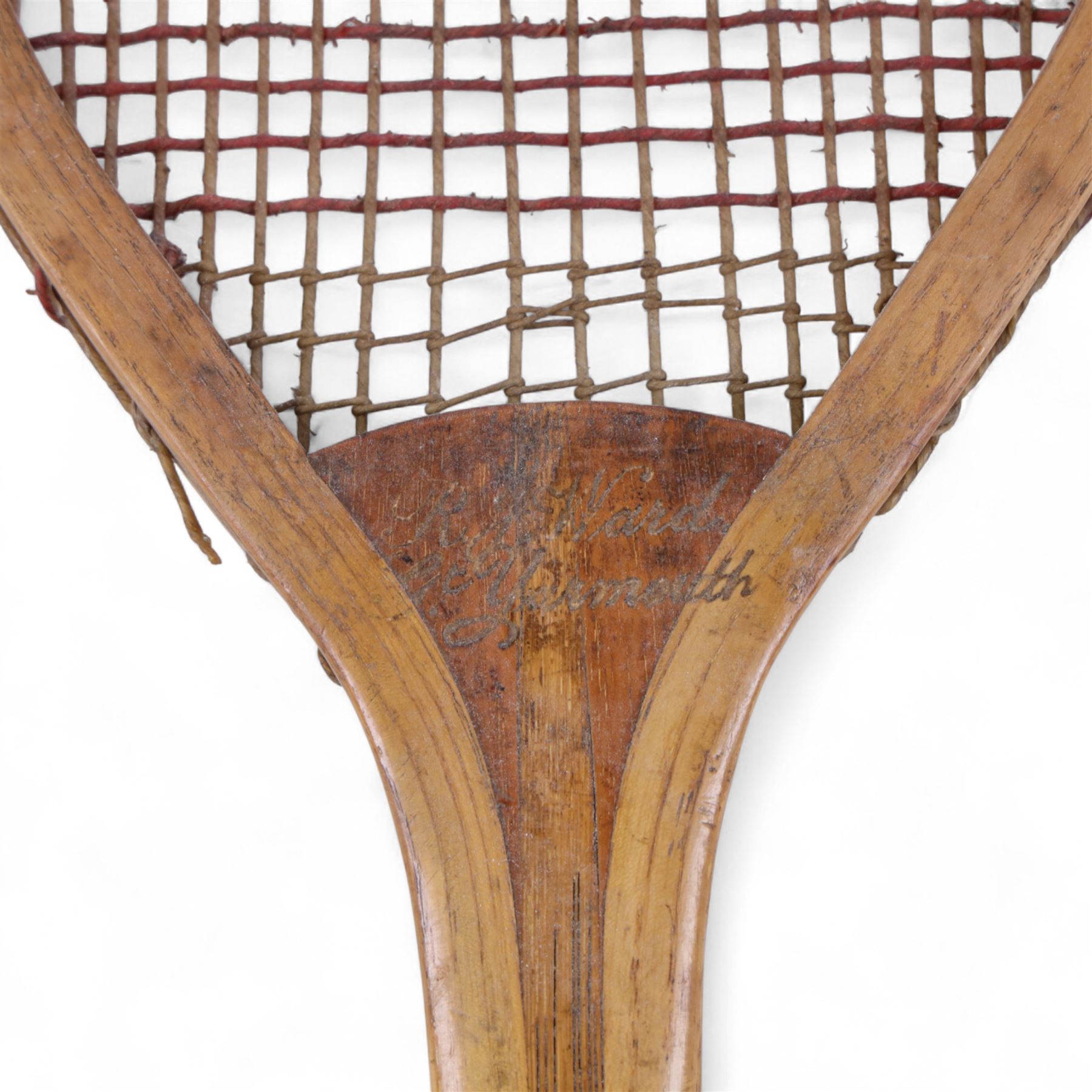 Late Victorian George Bussey & Co. London 'The Victor' flat topped tennis racket, inscribed Victor, G.Bussey London and R. J. Ward Gt. Yarmouth verso, H69cm