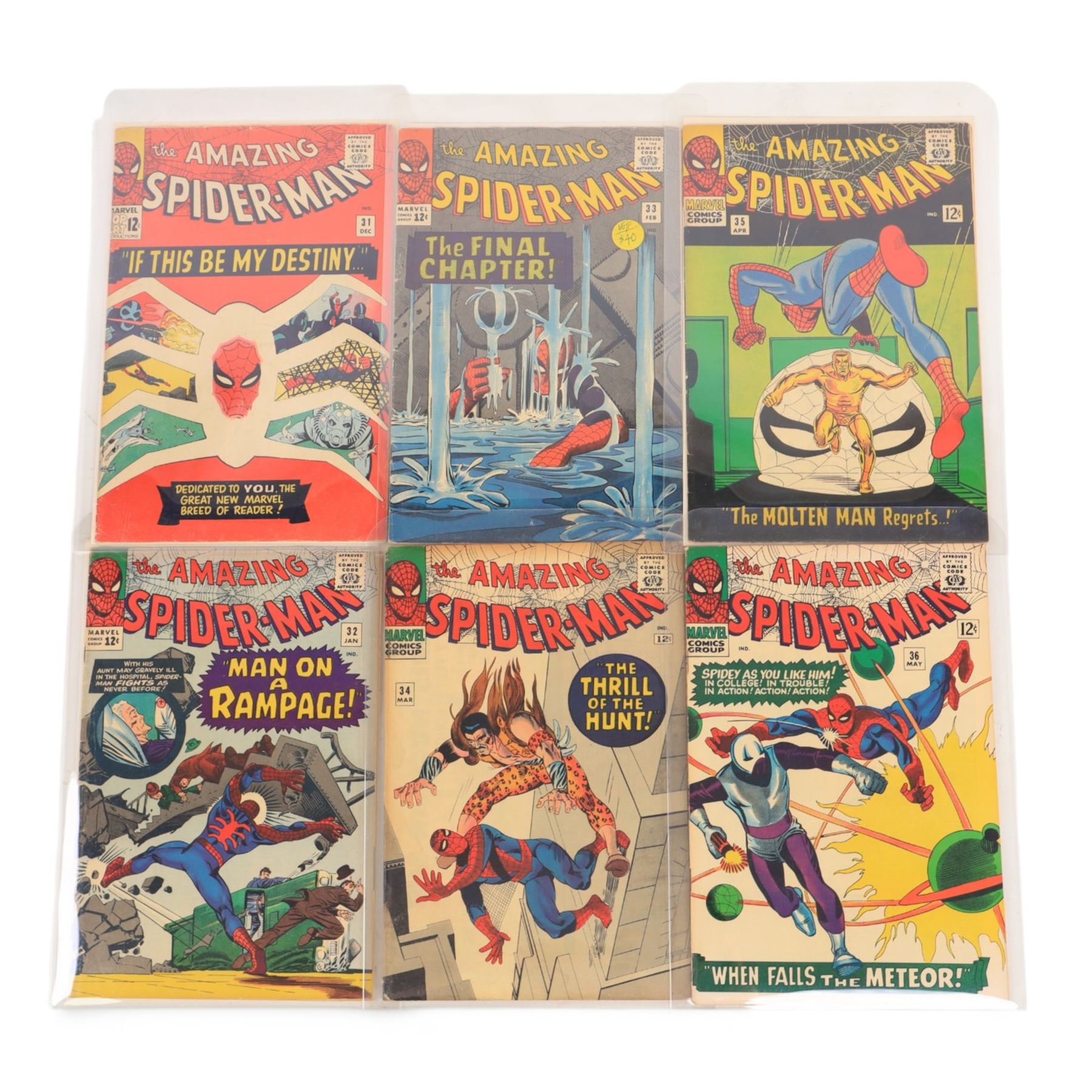 Ten Marvel Silver Age 'The Amazing Spider-Man' comic books, spanning years 1965-1966, comprising issues #31-#40