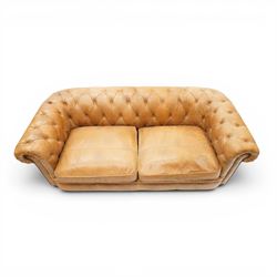 Alexander James - Chesterfield tan three seat sofa, button backed with scrolled arms, brass studded trim raised on light wood turned feet