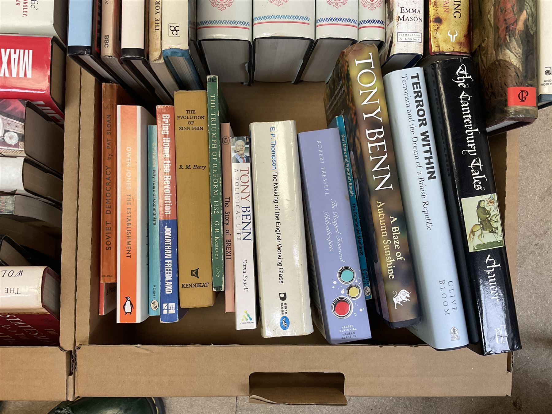 Collection of various history books to include world wars, tudors, vikings, anglo saxons and a number of political books, three boxes  