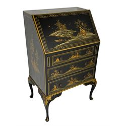 Early 20th century Chinoiserie lacquered bureau, raised gilt decoration, fall front enclosing divisions and drawer, three graduating long drawers, on cabriole supports