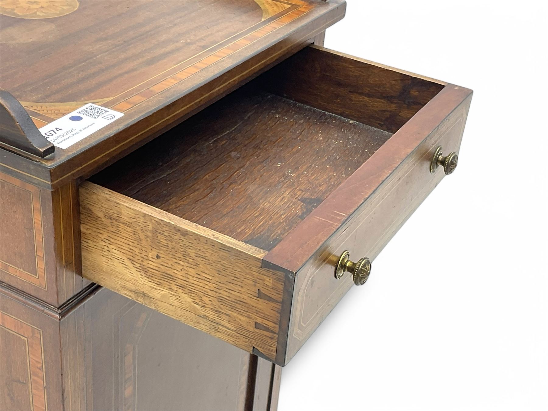 Edwardian mahogany inlaid bedside cabinet, inlaid top with gallery above, single drawer with button handles and single shelf cupboard, on scroll carved bracket feet
