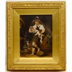  English School (19th century): Young Boy with Dog and Lobster, oil on glass indistinctly signed under the mount  