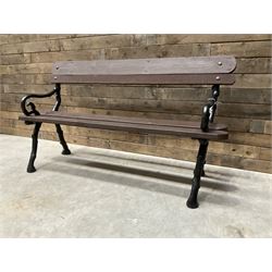 20th century tree cast iron and timber slatted garden bench, black painted frame with stained wood