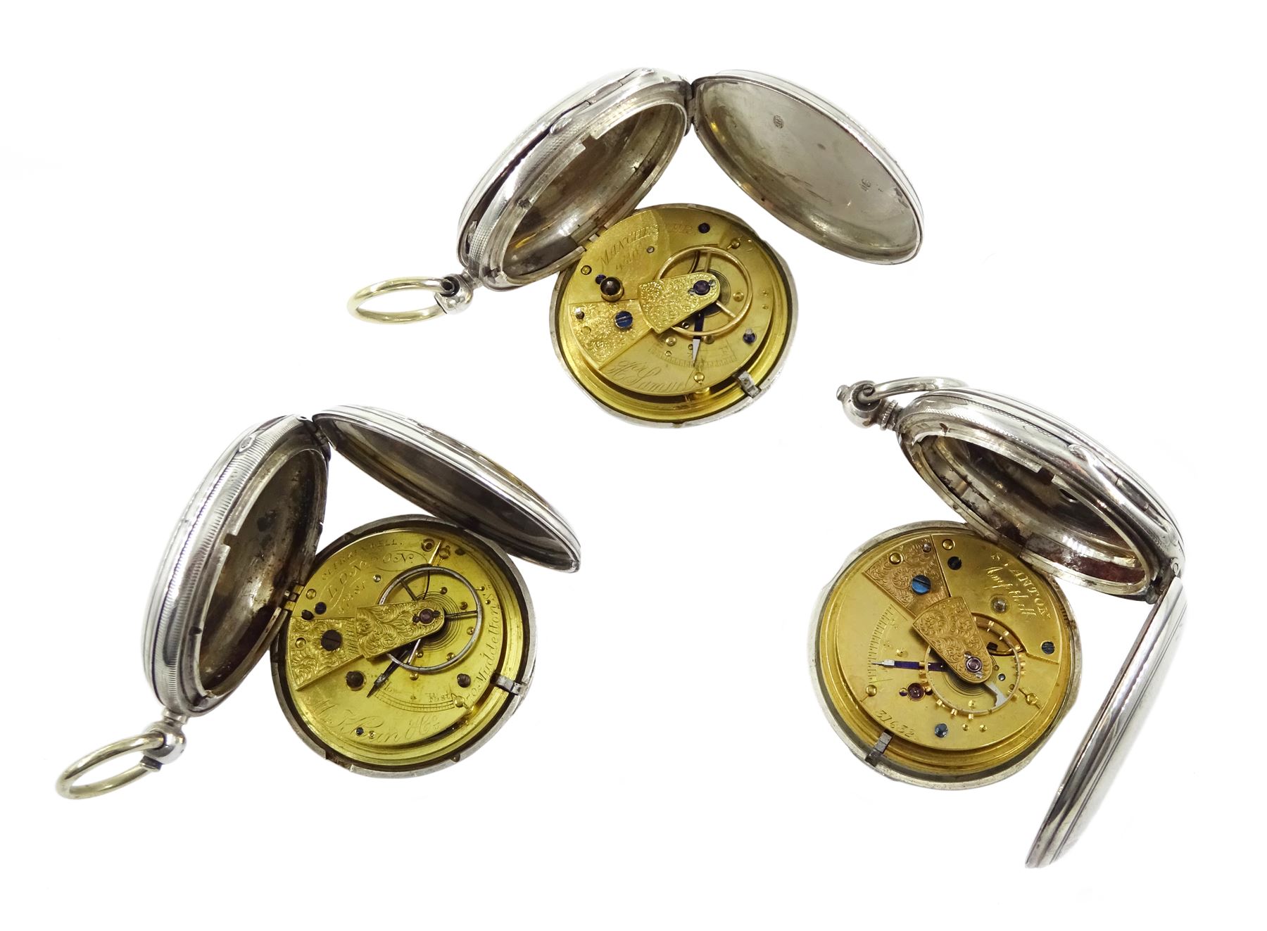 Two Victorian silver full hunter lever going barrel pocket watches by H. Samuel, Manchester and Stanton, Ampthill and one Victorian silver full hunter lever fusee by M.Klean & Co, London, all with white enamel dials and Roman numerals, hallmarked (3)