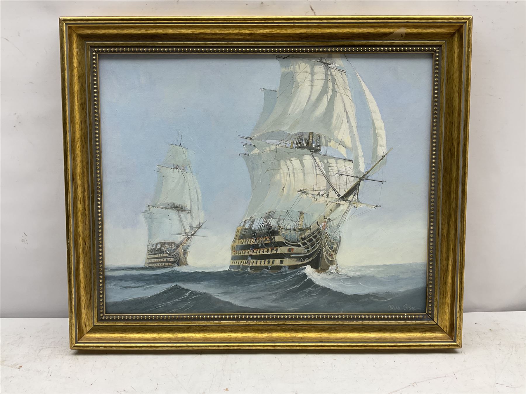 Brian Stone (20th century): HMS Victory and HMS Temeraire at Sea, oil on board signed, titled and dated 12.6.02, 39cm x 49cm