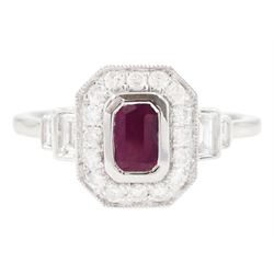 Platinum ruby and diamond ring, single octagonal cut ruby of approx 0.60 carat, with milgr...