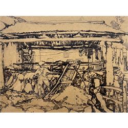 Rudolf Helmut Sauter (German 1895-1977): Barn Interior, ink on brown paper signed 22cm x 29cm