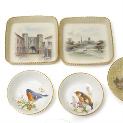 Nine hand-painted Royal Worcester items, comprising two trays painted with Worcester landscapes including 'Edgar Tower', a circular blush ivory tray painted with 'St Mary's Abbey - York', two trays and two covered trinket dishes painted with birds by Ernest Barker and H Powell, miniature jug painted by J Allen, and a Hadley Ware ewer, H11cm (9)