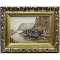 James William Booth (Staithes Group 1867-1953): Cobles at Staithes with Horse and Cart on the Beckside, watercolour signed 24cm x 36cm