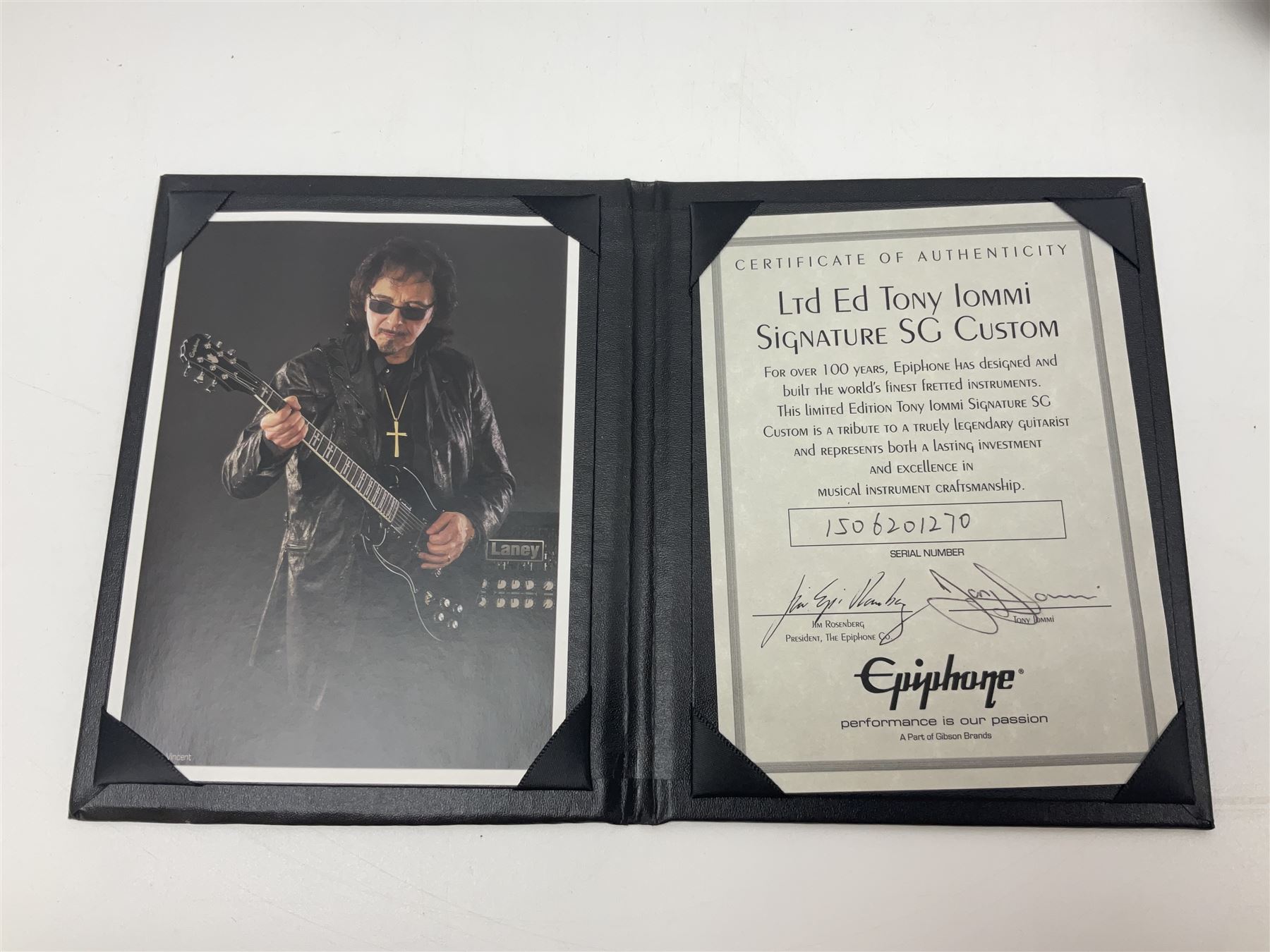 2015 Epiphone limited edition Tony Iommi signature SG Custom electric guitar, serial no.1506201270, L101cm; in cardboard delivery box with authenticity folder containing certificate and photograph of Iommi.
