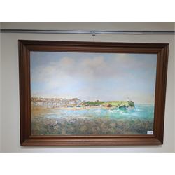 Michael James Strang (Cornish 1942-2021): Smeaton's Pier St Ives viewed from Wharf Road, oil on board signed and dated '87, 60cm x 90cm