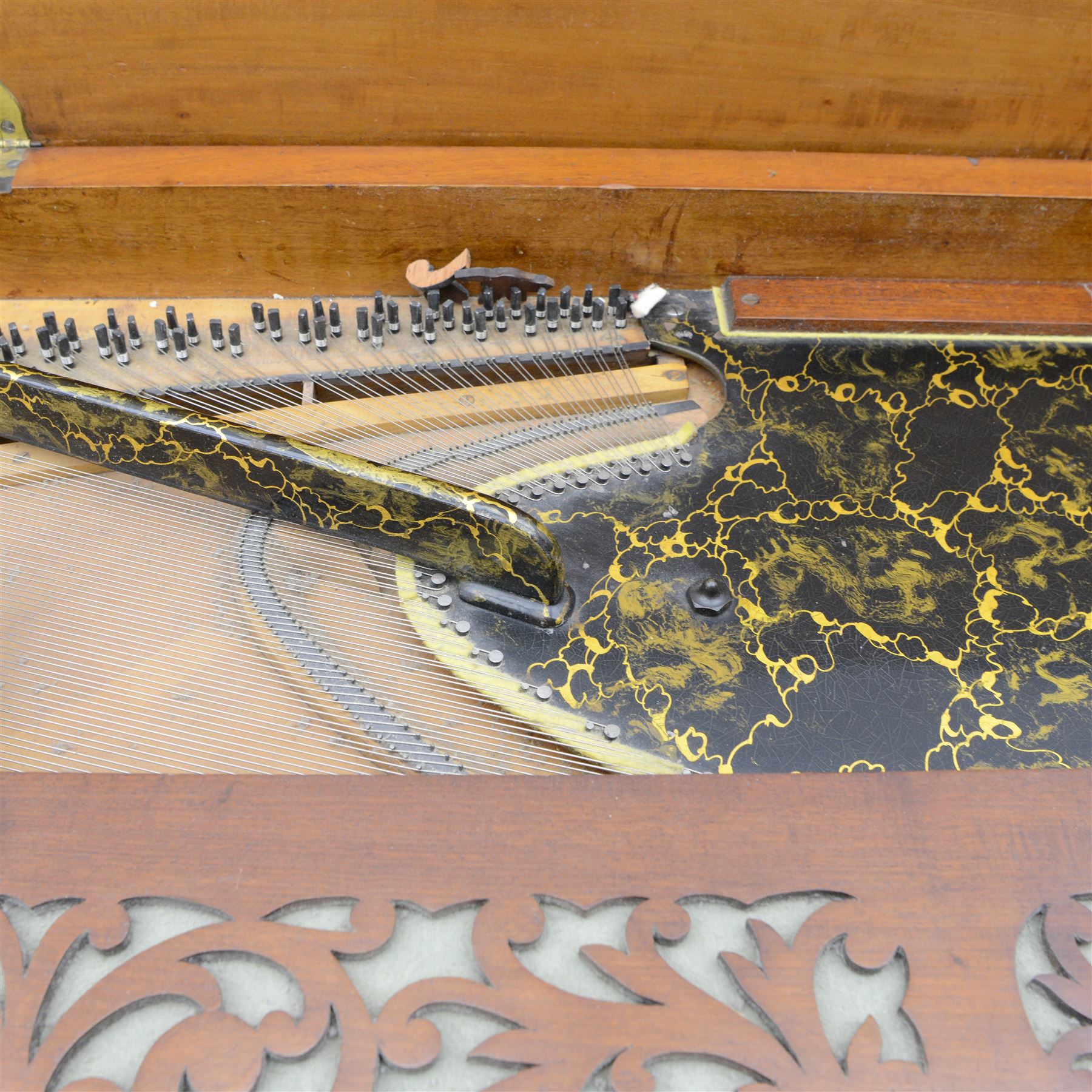 John Broadwood & Sons- Mid-19th century square piano in a light mahogany case serial No 57168 (1840), with four taper turned legs on castors and conforming sustaining pedal, with a 6 octave compass F1-G6 with 63 ivory and ebony keys, makers name with brass inlay and silk backed fretwork above the keys, recently restored action with new hammer heads, damper felts and strings, bi-strung with a steel brace and metal hitch pin plate with faux marbled decoration. 
This item has been registered for sale under section 10 of the APHA Ivory Act, Reference BS3HW755