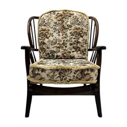 Joynson Holland - pair of mid-20th century stained beech framed easy chairs, shaped back and flat armrests over floral tapestry cushioned seat and back, on splayed supports united by stretcher