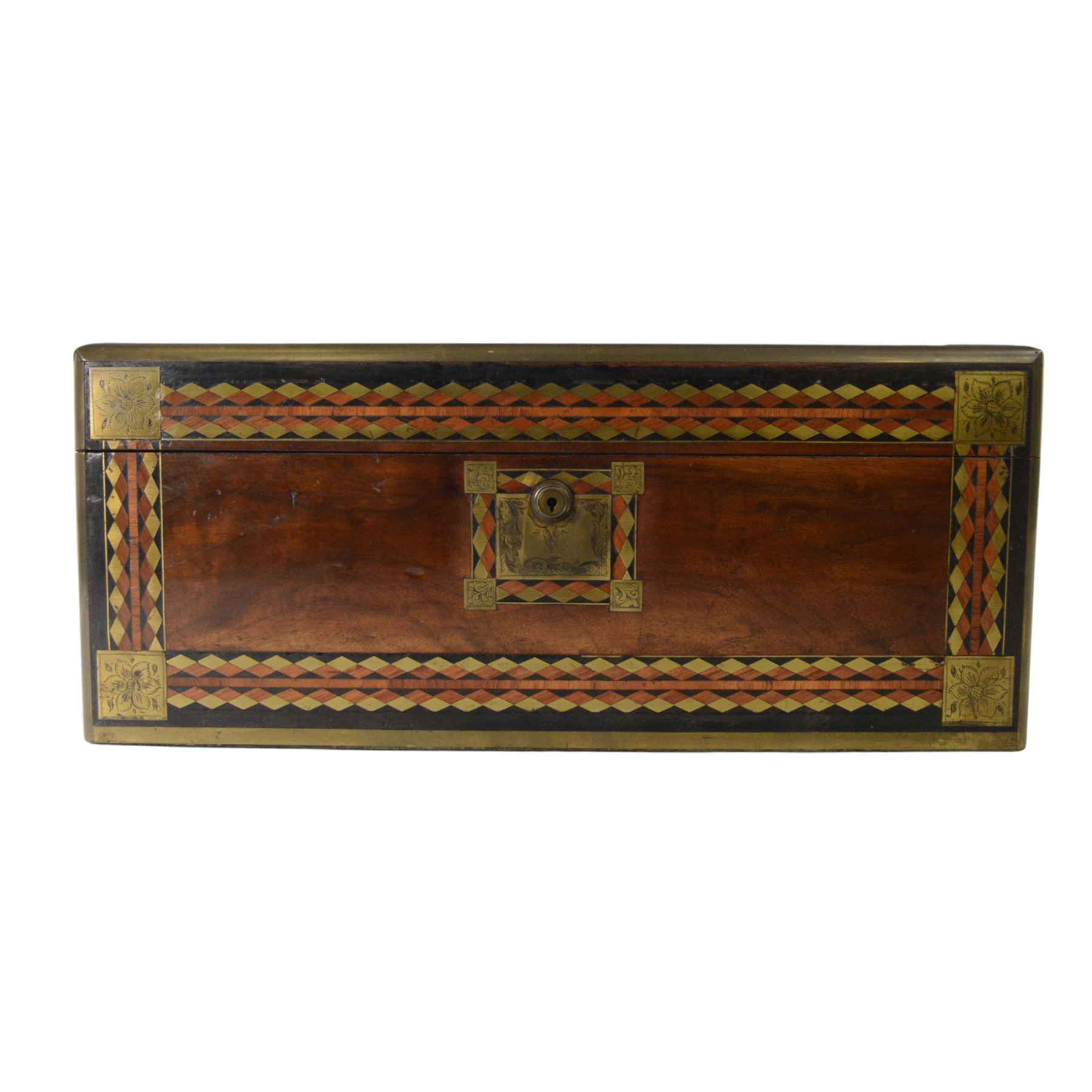 19th century rosewood writing slope, of rectangular form, the hinged cover and front with inlaid foliate engraved brass corner panels, and inlaid marquetry and brass diamond borders, the cover with foliate engraved and named central plaque, opening to reveal a fitted and compartmented interior with gilt tooled black leather slope, H21cm W50cm D28.5cm