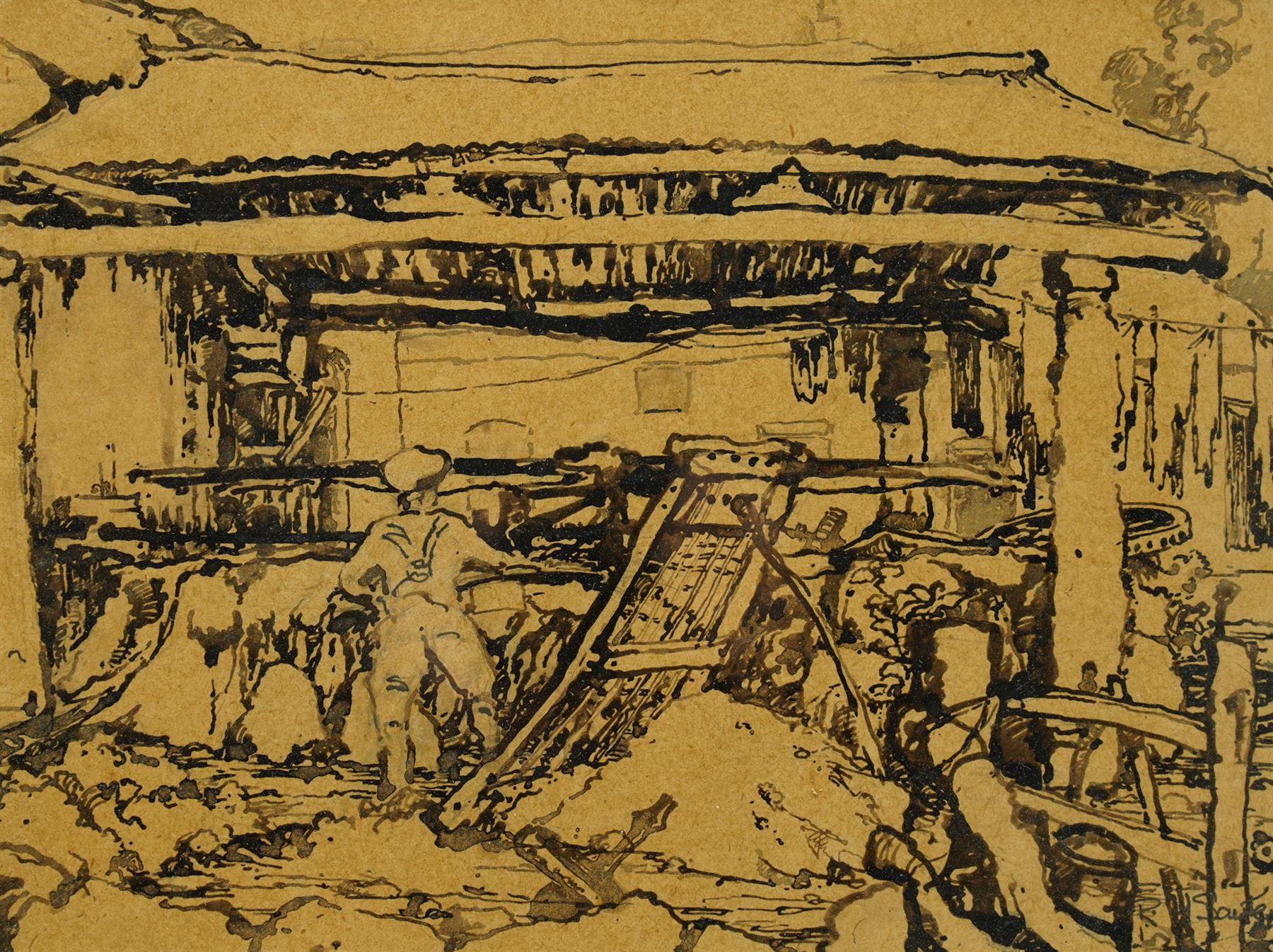 Rudolf Helmut Sauter (German 1895-1977): Barn Interior, ink on brown paper signed 22cm x 29cm