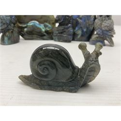 Six labradorite carvings, comprising pair of owls, buddha, snail, mouse and butterfly, tallest H9cm 