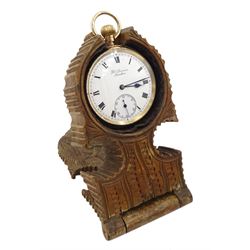 Early 20th century 9ct gold open face keyless lever 'The Bank' pocket watch by J.W.Benson, London, No. 5853, white enamel dial with Roman numerals and subsidiary seconds dial, London 1924, with original box and wooden stand