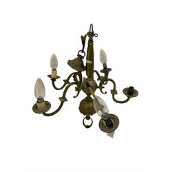 Brass twelve branch chandelier, heavy brass five branch chandelier and a modern light fitting (3)