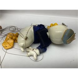 Two Pelham Puppets - The Magic Roundabout Mr. Rusty pole puppet with wool hands and blue  coat dated 1963; boxed; and Type SL Disney Donald Duck; unboxed (2)