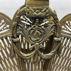 Pierced brass peacock style folding fire screen, with urn finial, H65.5cm