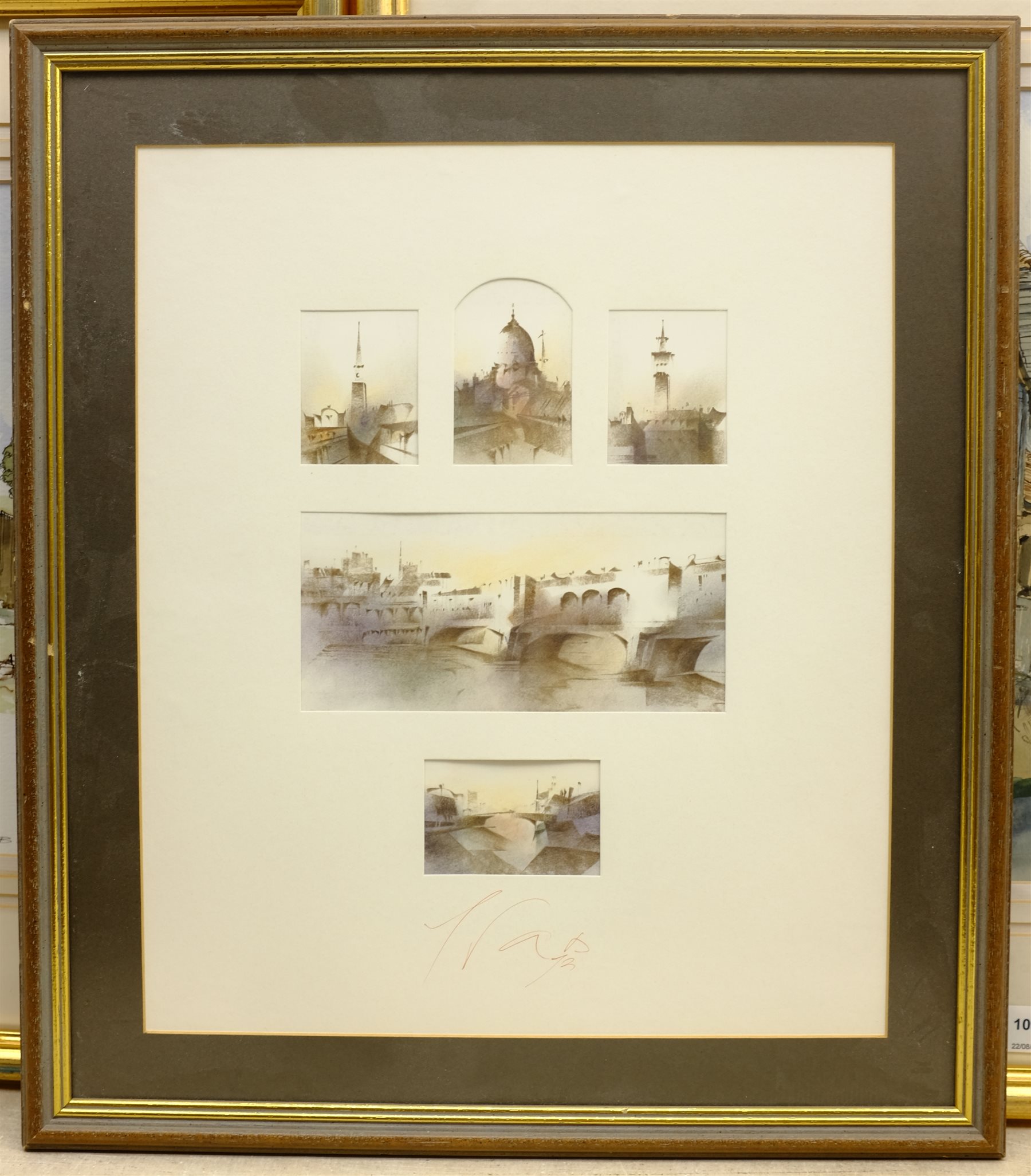 Peter Abnett (British Contemporary): 'Benty Grange Derbyshire' and Kent Farmhouse, two watercolours signed, one titled, and Italian School (20th century): Views of Florence, six chalk drawings framed as one indistinctly signed, max 30cm x 47cm (3)