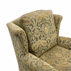 Quality traditional design armchair and footstool, upholstered in embossed fabric