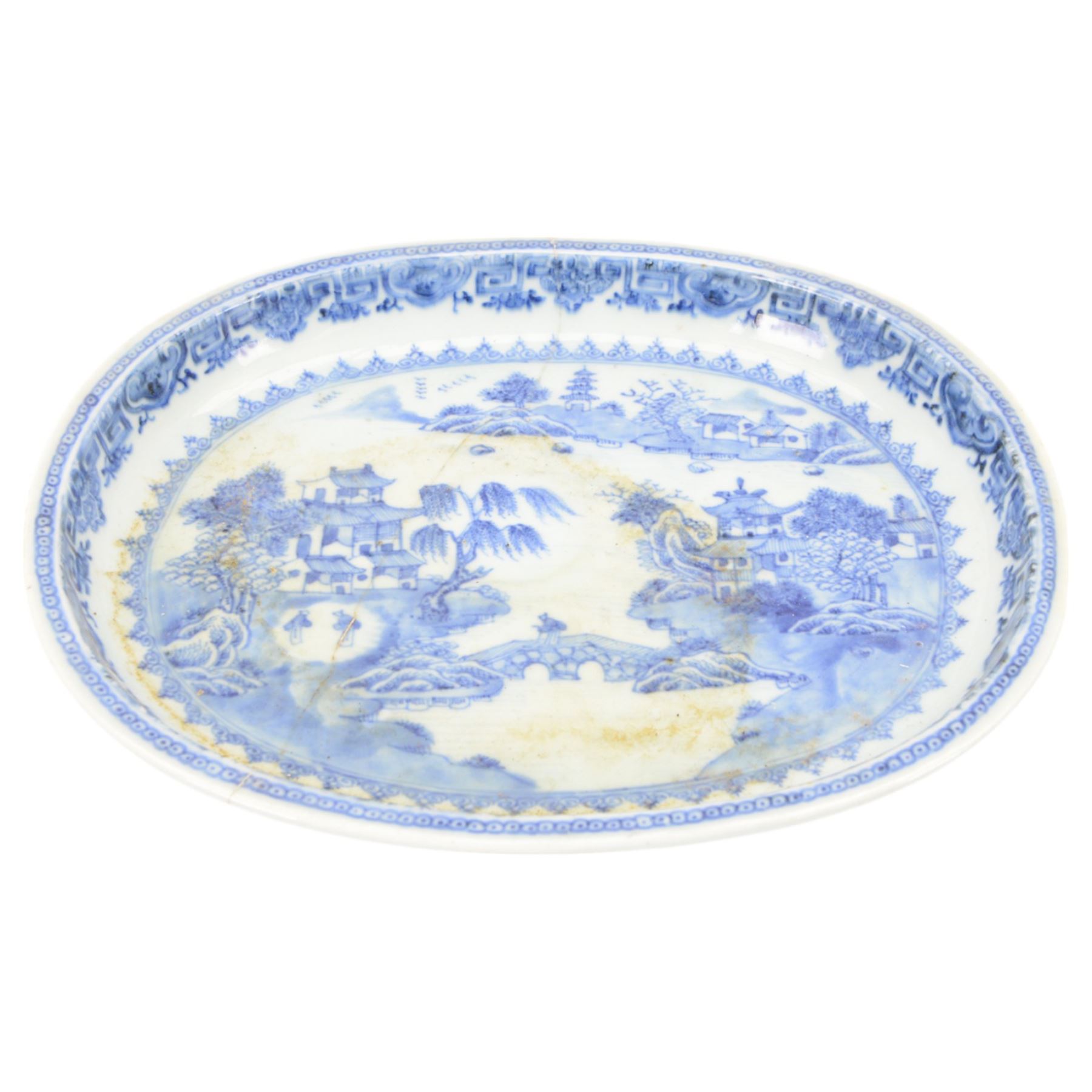 Chinese export plate decorated with a village in a landscape together with two platters 