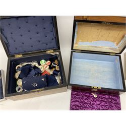 Oak sewing box with geometric inlaid decoration, the hinged lid lifting to reveal compartmented interior with lift out tray together with another mahogany example with mother of pearl and marquetry inlay decoration, both for restoration, largest H15cm W30cm D22cm