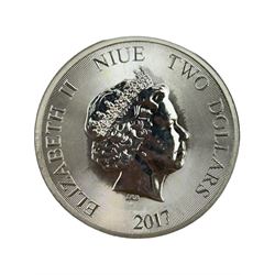 Five Queen Elizabeth II Niue one ounce fine silver two dollars coins dated 2016 'Turtle', 2017 'Panda', 2017 'Darth Vader', 2018 'Stormtrooper', 2019 'Clone trooper' and two Fiji one ounce fine silver one dollar coins dated 2015 'Iguana', 2016 'Iguana' (7)