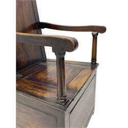 18th century elm box-seat lambing chair, dished cresting rail over panelled back, panelled hinged lid flanked by two turned arm supports