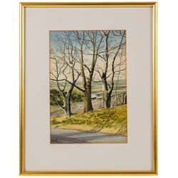Pat Newton (British 20th century): 'Winter in West Norfolk' and 'The Farm in Winter', pair of acrylics signed, titled on label verso, in matching frames 19cm x 24cm; George 'Griff' Griffiths (British 1939-2017): 'Arthington Bank', watercolour signed, titled and dated 1977 on label verso 24cm x 16cm (3)