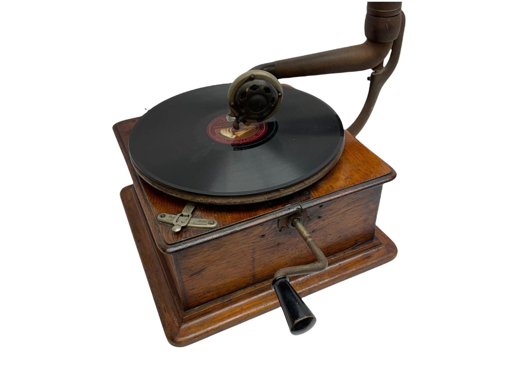 Early 20th century oak cased gramophone, the motor marked 'Garrard No.20 REF No.1030', with ribbed oak horn, base 30cm square; with one 78rpm record and Columbia tin of needles