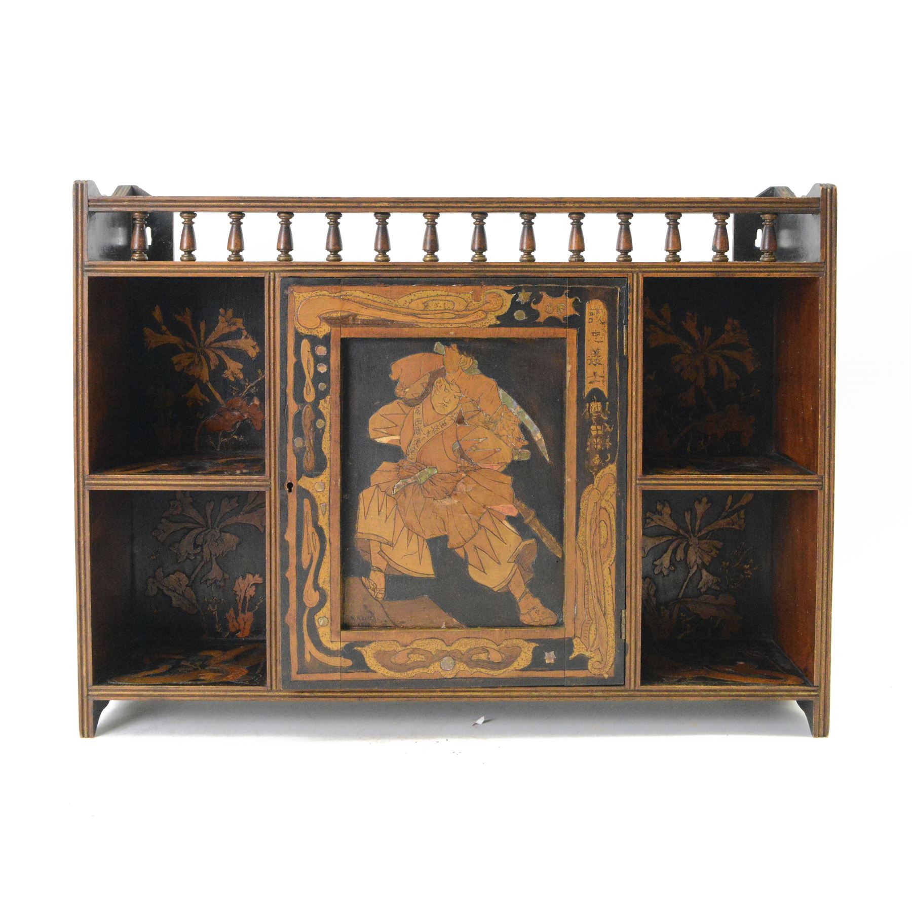 Japanese wall cabinet, the central hinged panel depicting a warrior opening to reveal single drawer, with two shelves to either side decorated throughout with floral and foliate decoration, H47cm