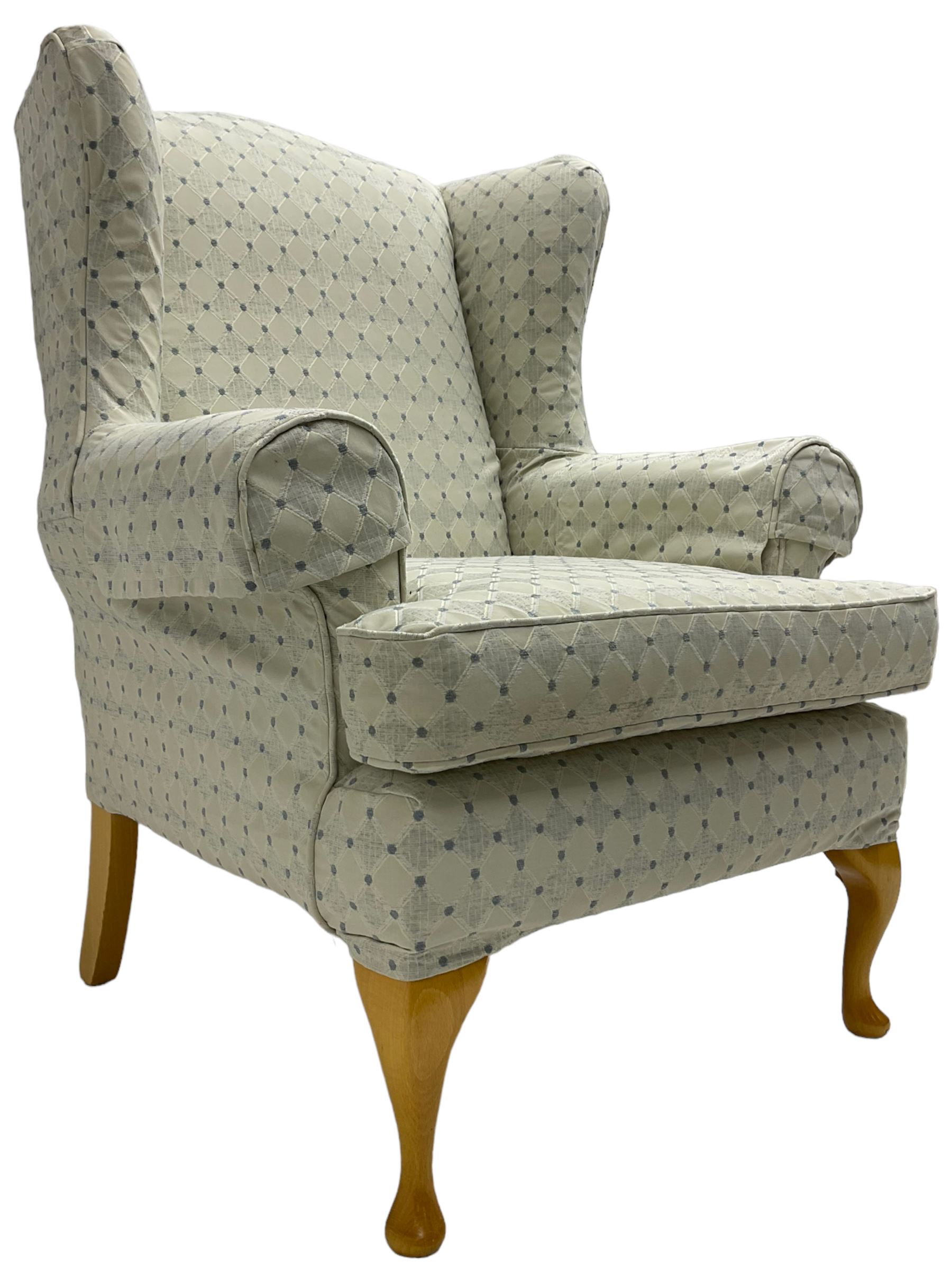 Multi-York - hardwood framed wingback armchair, upholstered pale blue lozenge pattern fabric, on light beech cabriole feet - 6 months old