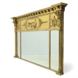 Late Victorian neoclassical style gilt composition overmantel mirror, projecting cornice w...