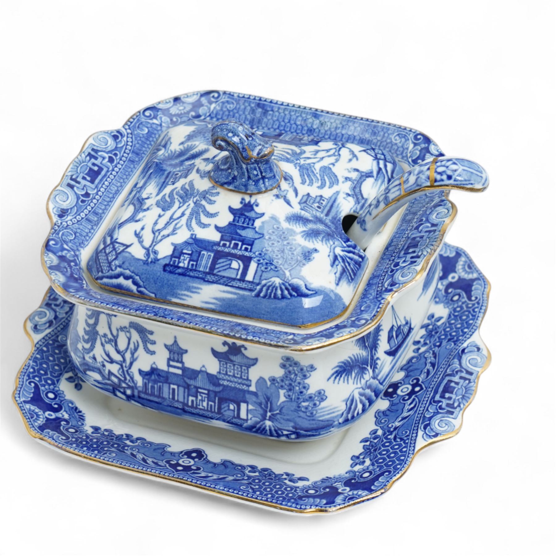 Large collection of Burleigh Ware blue and white Willow pattern dinnerware, comprising twenty one dinner plates, twelve side plates, four platters of graduating size, two tureens with saucers, and two vegetable dishes