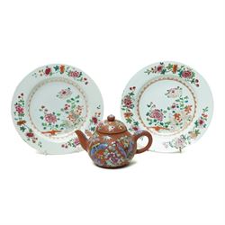 Pair of 18th century Chinese famille rose plates, painted profusely with flowers, D23cm; t...