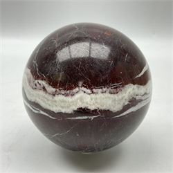 Red marble sphere, with white veins, D10cm