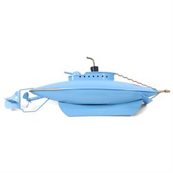 Sutcliffe Models 'Unda-Wunda' tinplate clockwork diving submarine, in pale blue livery with metallic gold details, with rubber bung and key, boxed