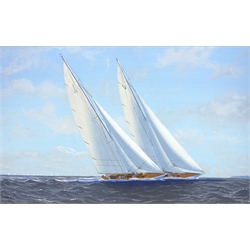  James Miller (British 1962-): 'Yankee & Candida on the Solent'- J Class Yachts, oil on canvas signed and dated '11, titled verso 27cm x 42cm  