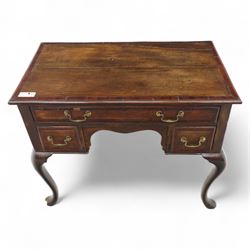 18th century oak and mahogany banded lowboy, rectangular moulded top with crossbanded edge, fitted with one long and two short drawers with brass swan neck handles, shaped kneehole apron, raised on cabriole supports with pad feet