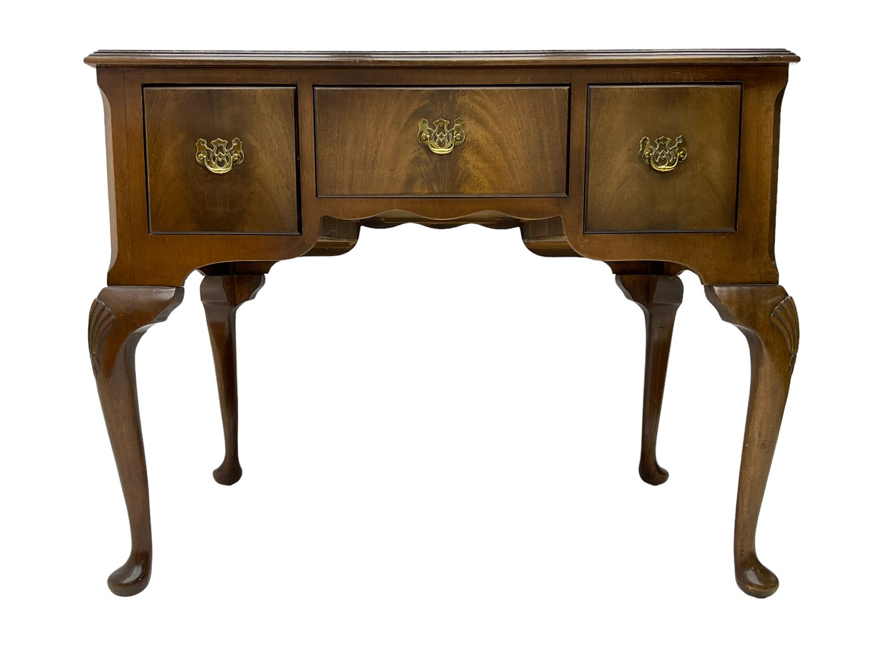 George III design mahogany low boy, rectangular top fitted with three drawers, raised on cabriole supports with shell moulding, with pad feet