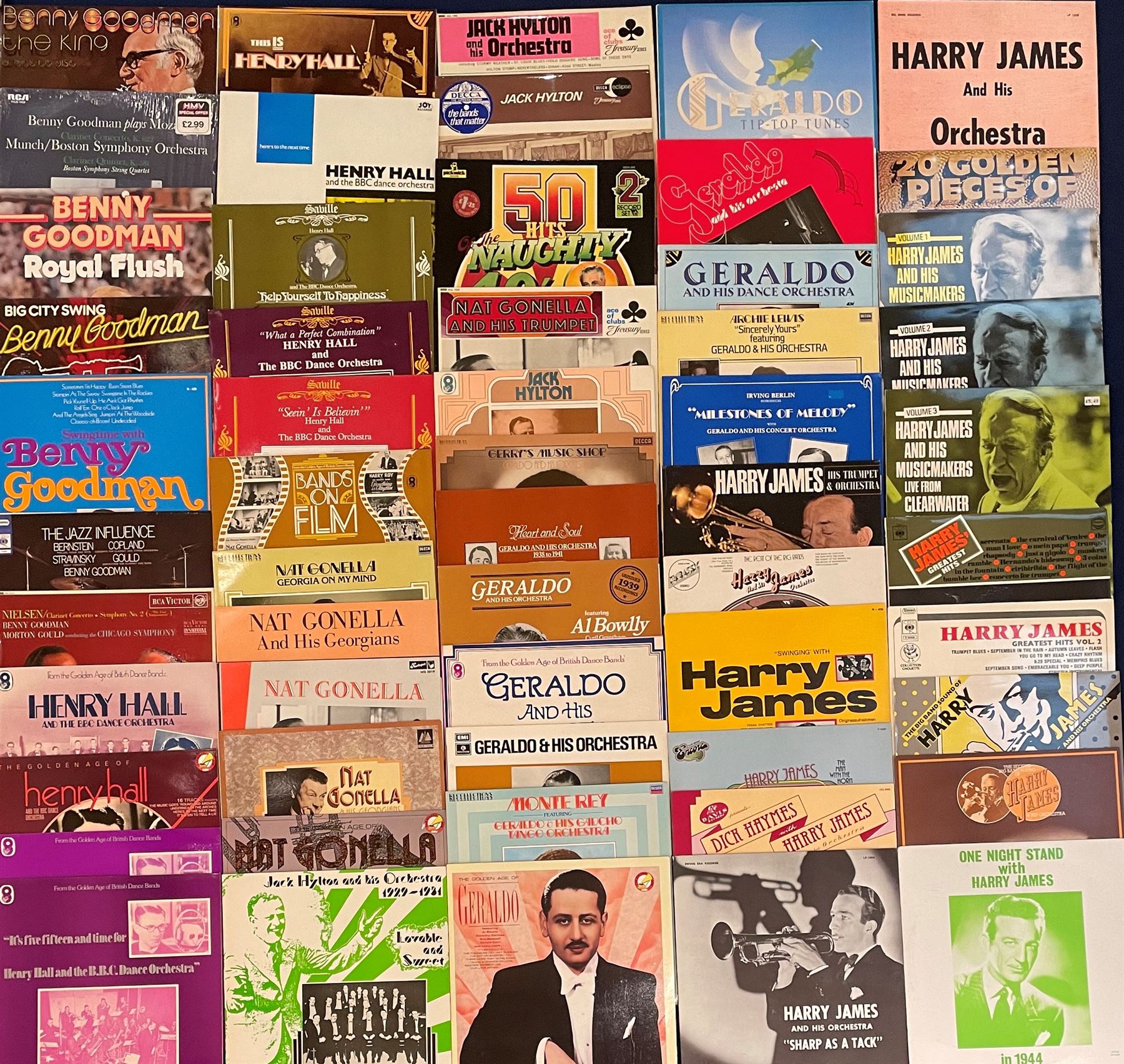 Mostly Jazz vinyl records including 'Benny Goodman Live at Carnegie Hall 40th Anniversary Concert' two record set, 'Capitol Jazz Classics Bebop Spoken Here Benny Goodman Charlie Barnet', 'Dinah Washington The Jazz Sides The EmArcy Jazz Series', 'Nat Gonella And His Trumpet', 'Harry James First-Team Player On The Jazz Varsity' etc, approximately 120 