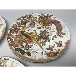 Five early 20th century Royal Crown Derby Olde Avesbury pattern dinner plates, decorated with oriental pheasants, butterflies and other birds amongst flowering branches, with impressed and printed marks to reverse, D26.5cm