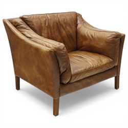 Barker & Stonehouse - 'Dillon' armchair upholstered in brown leather, with stitched back and side cushions, raised on square supports wrapped in leather