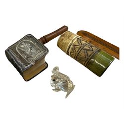 Silver photograph frame, two bibles with silver covers and other collectables including carved figures, 50 year calendar, etc 