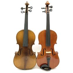 Student's violin with 36cm two-piece maple back and ribs and spruce top 59cm overall; and an incomplete Czechoslovakian copy of a Stradivarius violin (2)