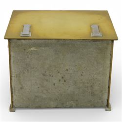 Early 20th century brass coal box, square hinged lid with recessed rectangular handle plates, the front fitted with a swing carrying handle, opening to a removable blackened metal liner, raised on short bracket feet