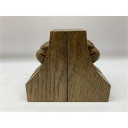 Mouseman - pair of adzed Yorkshire oak bookends, carved 'Fat' mouse signature, by Robert Thompson of Kilburn, H15.5cm